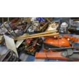 A Collection of Various Garden Tools, Lawn Mowers, Cultivator, Leaf Blower, Trolley, Wall Maps etc
