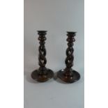 A Pair of Edwardian Spiralled Twist Oak Candlesticks, 26cm high