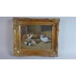 A Gilt Framed Oil on Canvas Depicting Rabbits and Pigeons in Barn, 24cm Wide