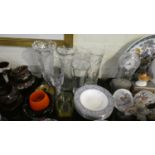 A Tray of Coloured and Plain Glassware to Include Vases, Ashtrays, Brass Candlestick and Minton