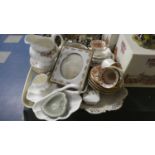 A Tray of Ceramics to Include Rose Pattern Part Coffee Set, Wedgwood Jasperware, Rose Patterned Gilt