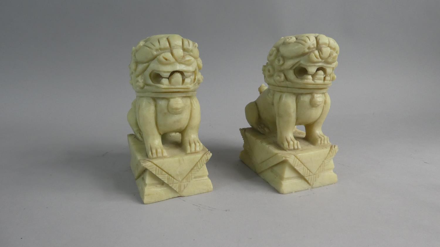 A Pair of Chinese Carved Soapstone Temple Lions, 18cm High