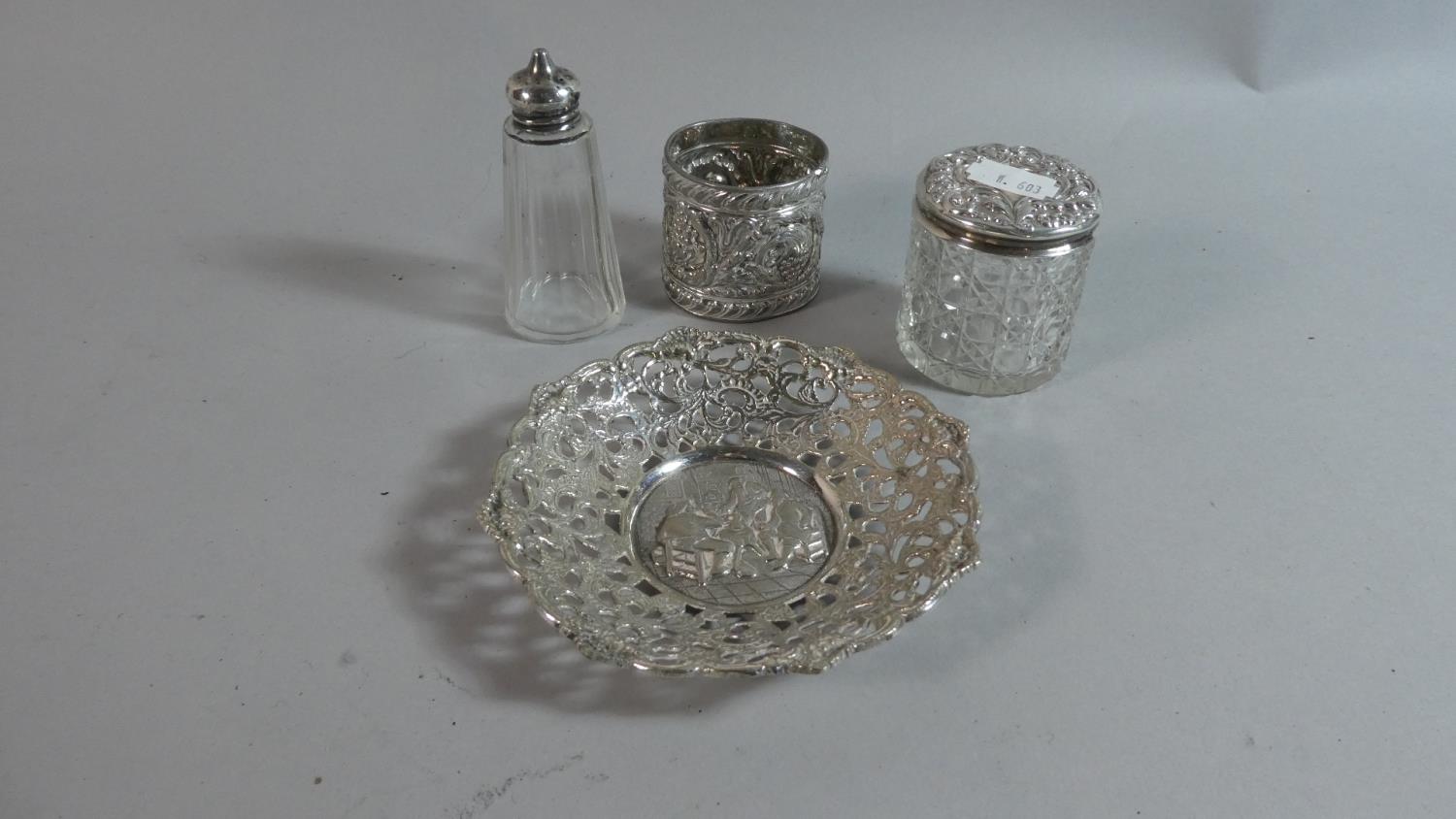 A Silver Topped Glass Pepper Pot, Silver Topped Glass Dressing Table Pot, Silver Plated Napkin and