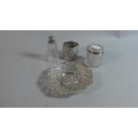 A Silver Topped Glass Pepper Pot, Silver Topped Glass Dressing Table Pot, Silver Plated Napkin and