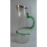 A 19th Century Silver Mounted Claret Jug with Stylised Green Glass Snake Handle (AF). 32cm High