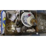 Two Boxes Containing Various Ceramics, Table Lamps, Artificial Flower, Wall Shelf etc