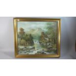 A Framed Oil on Canvas Depicting Figure Fishing in Alpine River Beside Mill, Signed C Wilder, 60cm