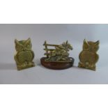 A Pair of Cast Brass Bookends in the Form of Horned Owls , 14cm high, Together with a Brass