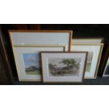 Four Framed Watercolours and a Print, Rural Scene