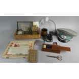 A Tray of Curios to Include East German Military Cap, Vintage Binoculars, Cased Set of Dominoes,