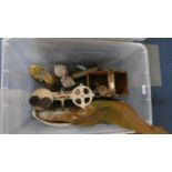 A Box Containing Metal Wind Vane Cockerel, Kitchen Scales, Wooden Egg Box, Ornaments etc