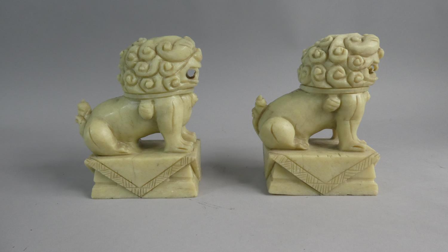 A Pair of Chinese Carved Soapstone Temple Lions, 18cm High - Image 2 of 4