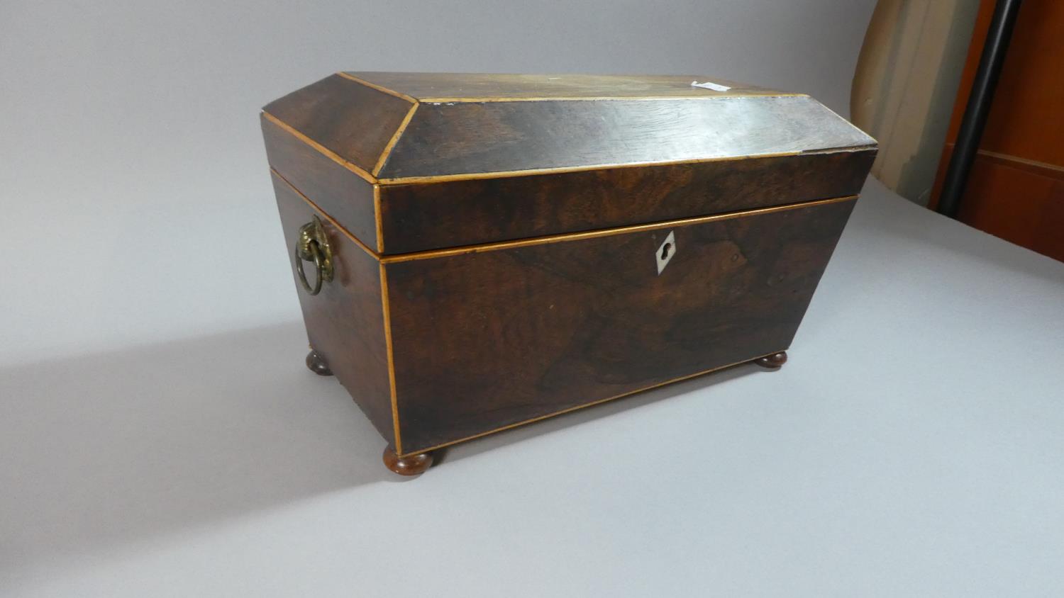 A Mid 19th Century Rosewood Sarcophagus Shaped Tea Caddy on Bun Feet, 30.5cm Wide