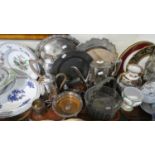 A Tray of Silver Plate to Include Coffee Pots, Water Jug, Bread Plate, Wine Coaster, Cruet,
