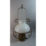 A Late 19th/Early 20th Century Brass Framed Ceiling Hanging Oil Lamp with Opaque Glass Shade, 68cm