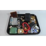 A Tray of Curios to Include Souvenir Spoons, Travelling Alarm Clock, Cigarette Case/Lighter, Folding