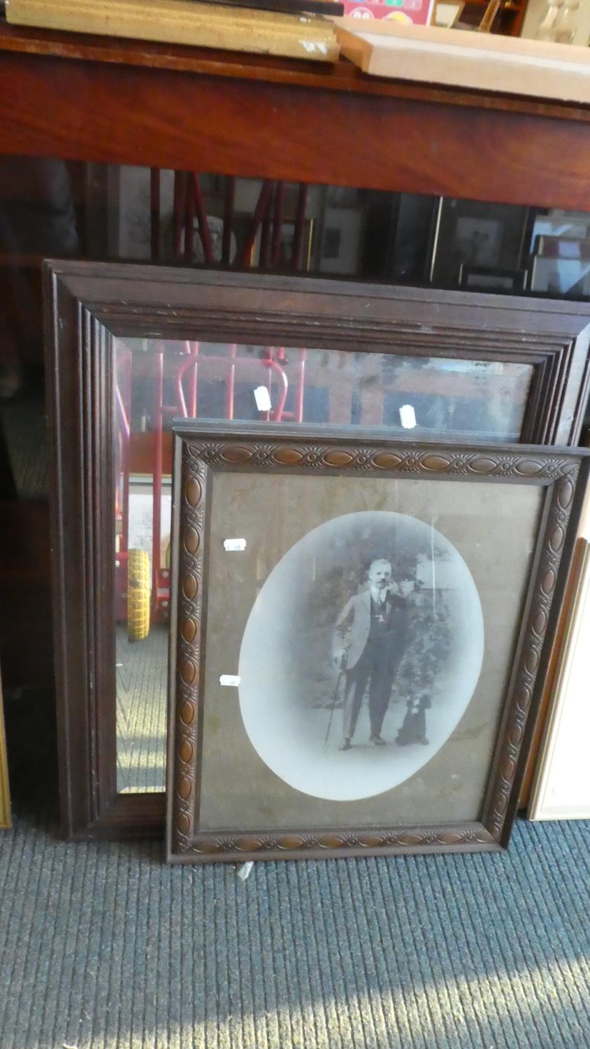 An Edwardian Mirror and Framed Photograph of Gent with Dog