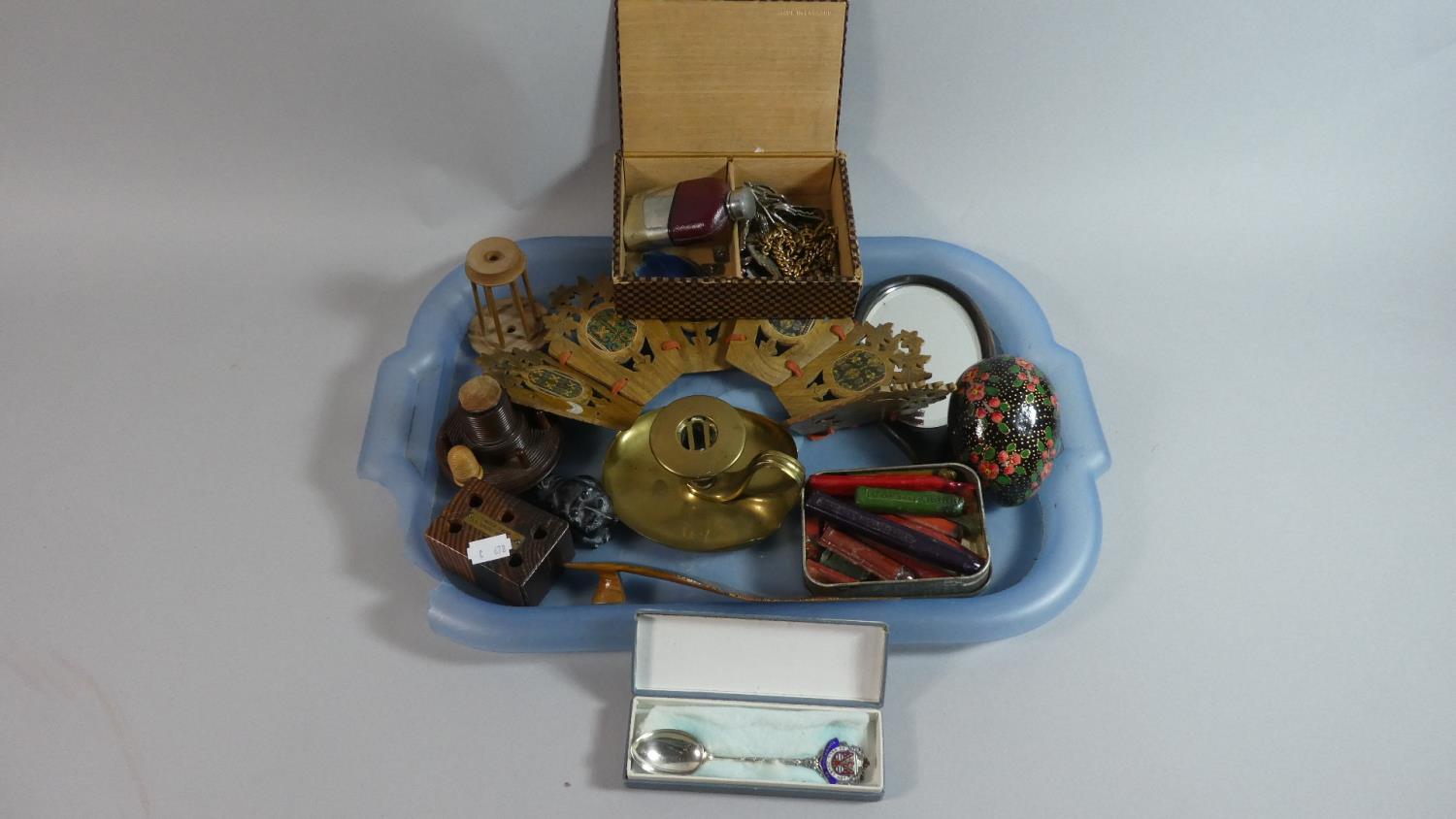 A Tray of Curios to Include Small Hip Flask, Treenware Needle Stand, Sealing Wax Sticks, Lacquered