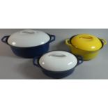 Three Enamelled Cooking Pots with Lids, All Having Two Handles