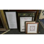 A Collection of Four Framed Needlepoints and a Tapestry Together with a Print