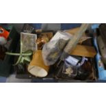 Two Boxes of Sundries to Include Kitchen Scales, Oriental Parasol, Light Shades etc