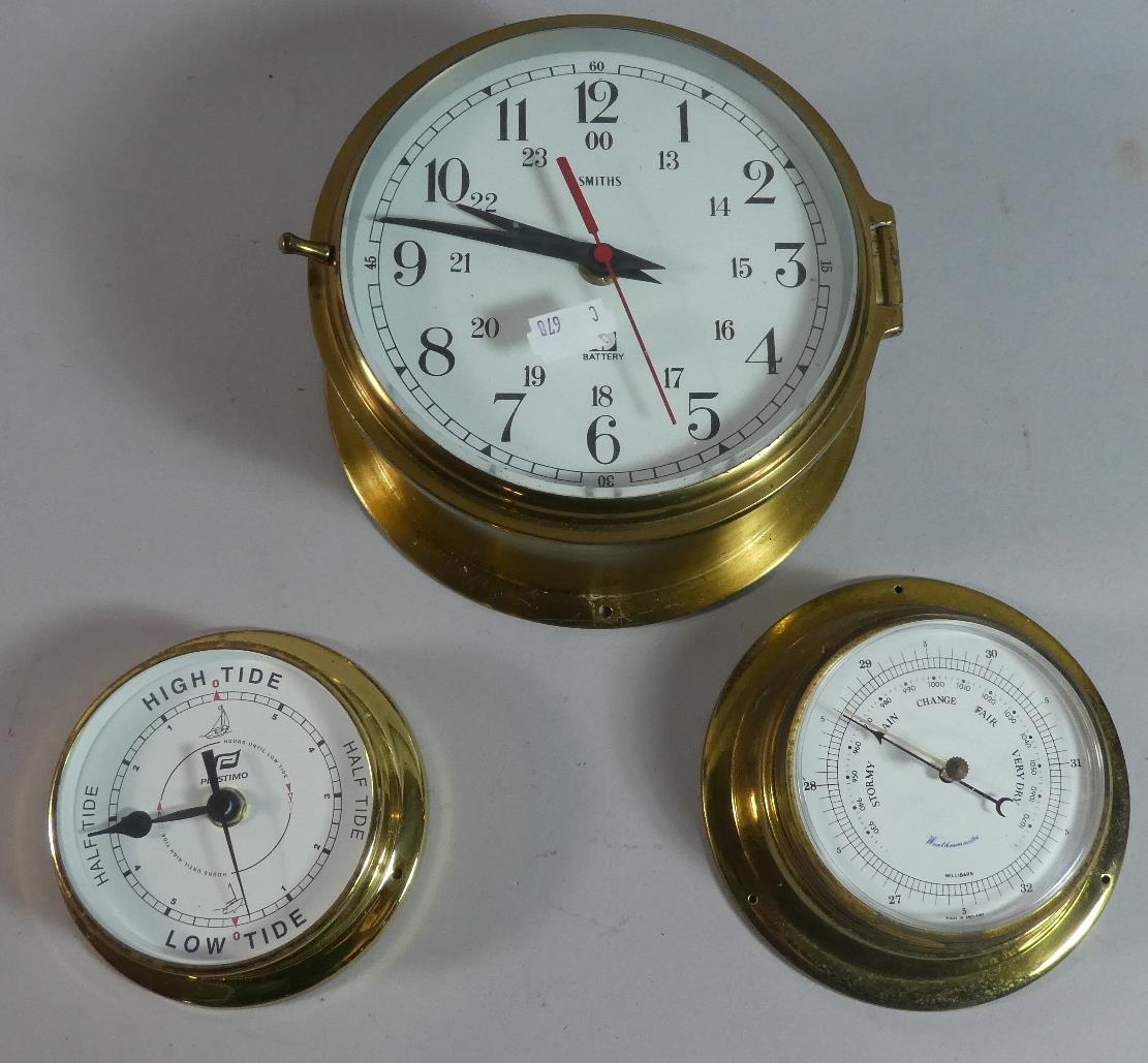 A Smiths Battery Operated Brass Cased Ships Clock, Plastimo Battery Operated Tide Clock and