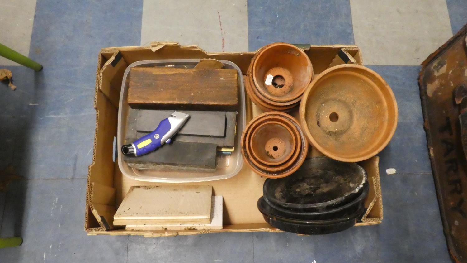 A Box Containing Various Tools, Brass Fittings, Terracotta Plant Pot etc