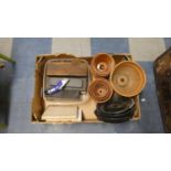A Box Containing Various Tools, Brass Fittings, Terracotta Plant Pot etc