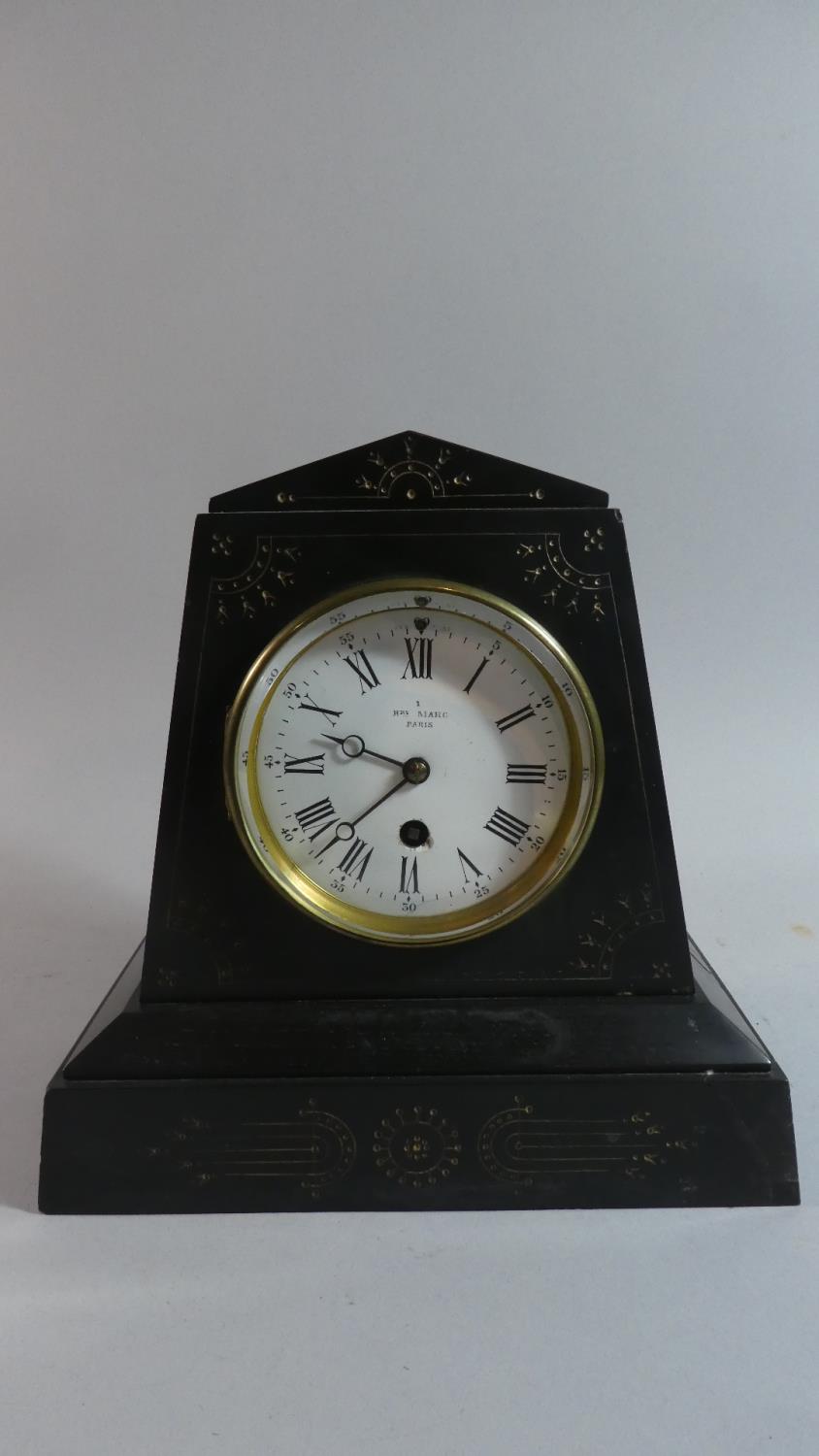 A French Black Slate Mantle Clock of Architectural Form by Henry Marc, Paris, 24cm Wide