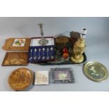 A Tray of Sundries to Include Table Lamp, Leather Tankard Money Box, Candlestick, Pictures and