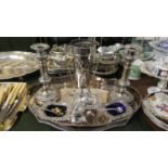 An Oval Two Handled Silver Plated Galleried Tray with Cruet Set, Pair of Sheffield Plate