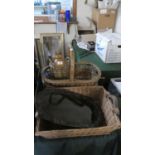 A Vintage Wicker Basket, Wicker Covered Brewers Bottle, Wicker Tray and an Oriental Lacquered Tray