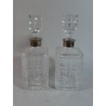 A Pair of Silver Mounted Hand Cut Spirit Decanters with Sterling Silver Collars