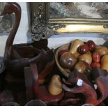 A Collection of Treen Items to Include Turned Wooden Fruit Bowl Containing Carved Wooden Fruit,