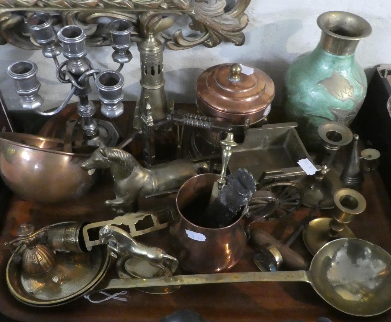 A Collection of Metalwares to Include Copper Pans, Brassware, Silver Plated Candelabra, Horse and