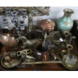 A Collection of Metalwares to Include Copper Pans, Brassware, Silver Plated Candelabra, Horse and