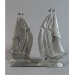 A Pair of Pewter Bookends on the Form of Two Masted Schooners, 15cm high