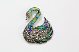 A Silver 'Plique a Jour' Swan Brooch