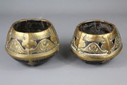 A Pair of Antique Indian Carved Wood and Brass Measures