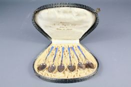 A Set of Six Blue Enamel Silver Coffee Spoons