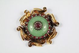 A Late 19th Century Chinese 18ct Yellow Gold Jade, Ruby and Diamond Brooch Pendant