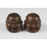 Two Fruit Wood Four-Faced Buddha Carvings