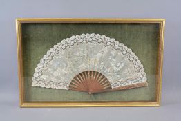 19th Century Pierced Wood and Lace Fan