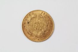 A Napoleon III Gold 10 Franc Coin dated 1864