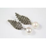 A Pair of Freshwater Pearl and Marcasite Earrings