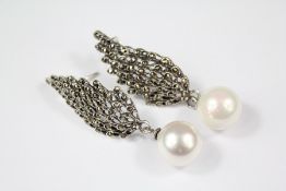 A Pair of Freshwater Pearl and Marcasite Earrings