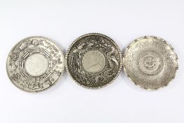 Three Chinese White Metal Coin Dishes