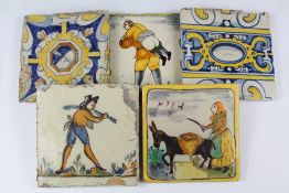 Five 17th and 18th Century Spanish Polychrome Tiles