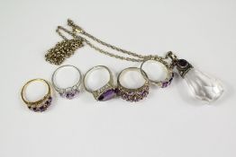 Five Silver and Amethyst Rings