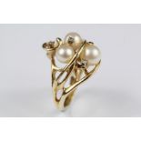 14ct Yellow Gold Cultured Pearl and Diamond Ring